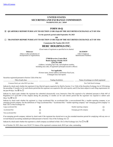 Miniature Herc Holdings
 Rapport trimestriel 2023-q3