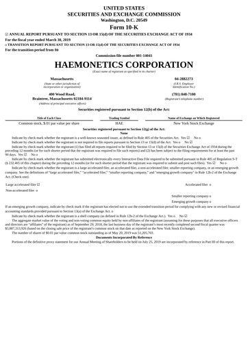 Thumbnail Haemonetics Annual Report 2018-2019