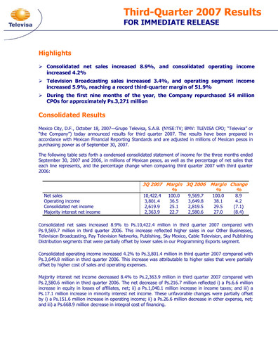 Miniature Televisa Rapport trimestriel 2007-q3