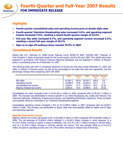 Miniature Televisa Rapport trimestriel 2007-q4