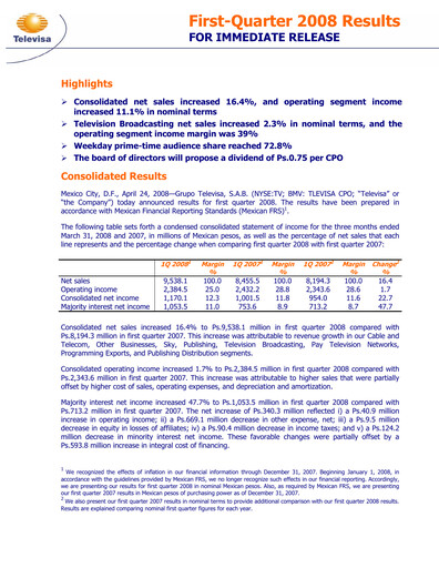Miniature Televisa Rapport trimestriel 2008-q1