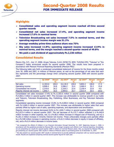 Miniature Televisa Rapport trimestriel 2008-q2