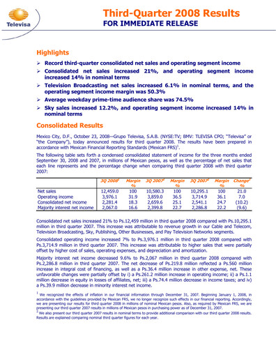Miniature Televisa Rapport trimestriel 2008-q3