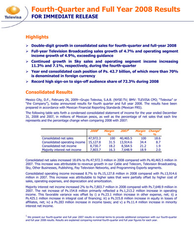 Miniature Televisa Rapport trimestriel 2008-q4