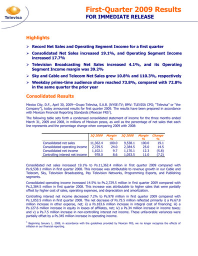 Miniature Televisa Rapport trimestriel 2009-q1