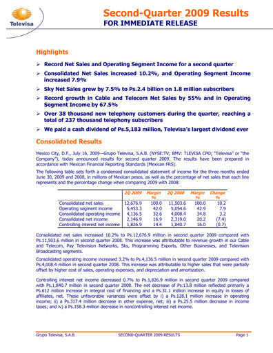 Miniature Televisa Rapport trimestriel 2009-q2