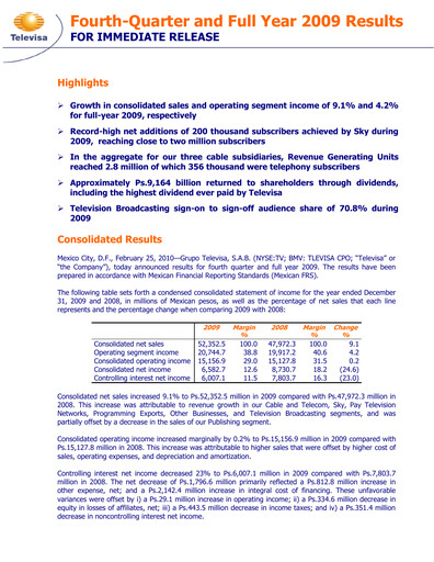 Miniature Televisa Rapport trimestriel 2009-q4