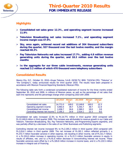 Miniature Televisa Rapport trimestriel 2010-q3