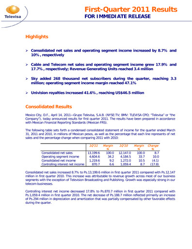 Miniature Televisa Rapport trimestriel 2011-q1