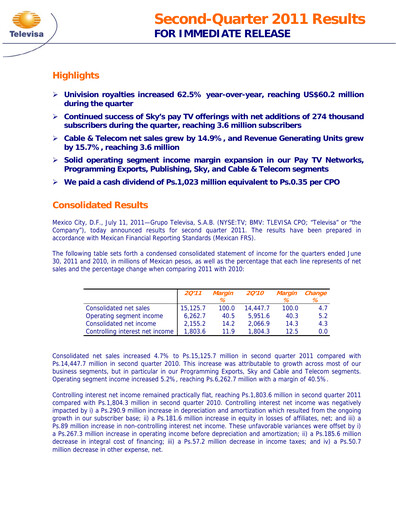 Miniature Televisa Rapport trimestriel 2011-q2
