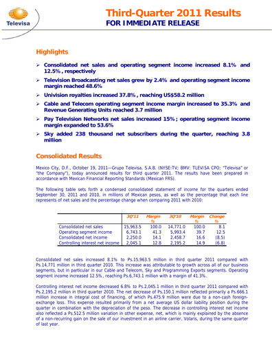 Miniature Televisa Rapport trimestriel 2011-q3
