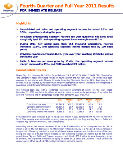 Miniature Televisa Rapport trimestriel 2011-q4