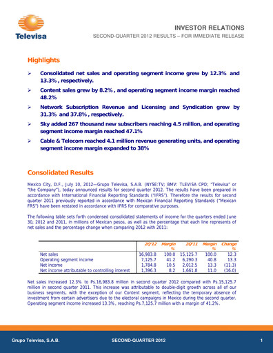 Miniature Televisa Rapport trimestriel 2012-q2