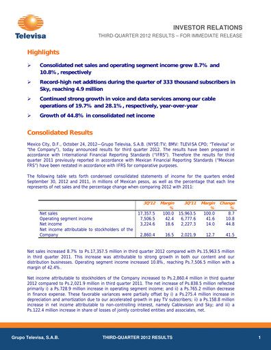 Miniature Televisa Rapport trimestriel 2012-q3
