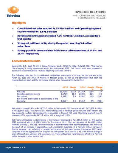 Miniature Televisa Rapport trimestriel 2013-q1