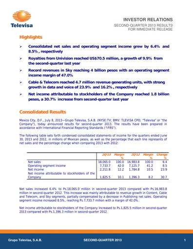 Miniature Televisa Rapport trimestriel 2013-q2