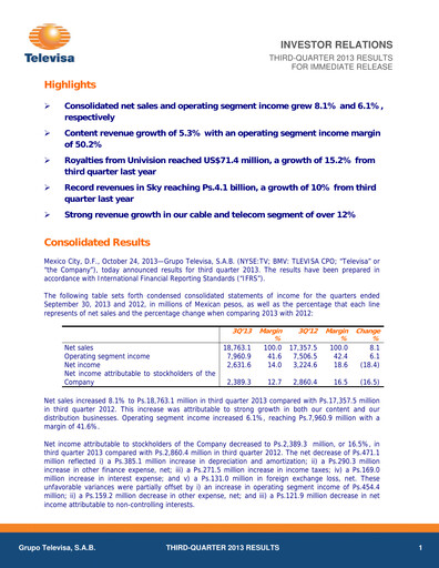 Miniature Televisa Rapport trimestriel 2013-q3