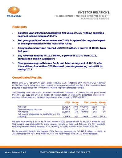 Miniature Televisa Rapport trimestriel 2013-q4