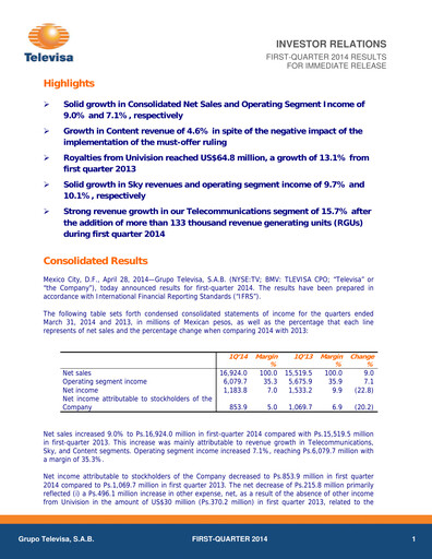 Miniature Televisa Rapport trimestriel 2014-q1