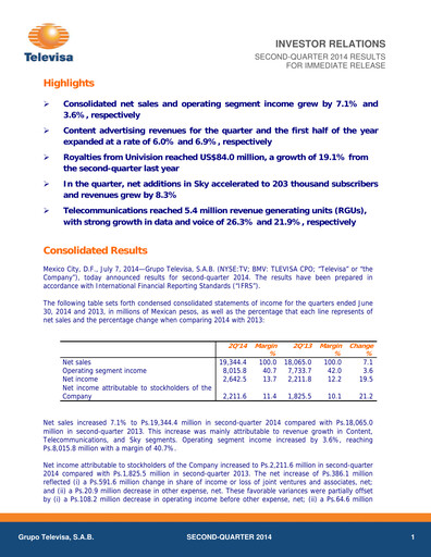 Miniature Televisa Rapport trimestriel 2014-q2