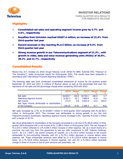 Miniature Televisa Rapport trimestriel 2014-q3