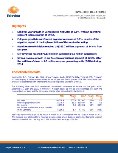 Miniature Televisa Rapport trimestriel 2014-q4
