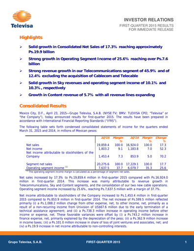 Miniature Televisa Rapport trimestriel 2015-q1