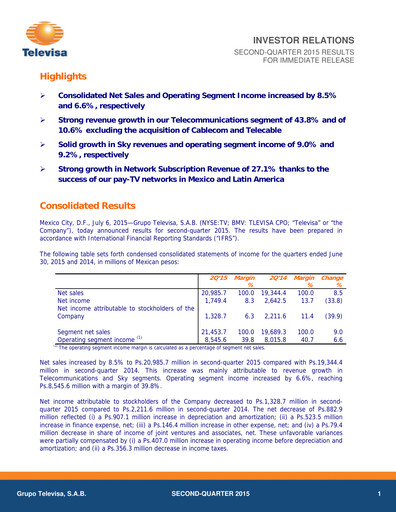 Miniature Televisa Rapport trimestriel 2015-q2