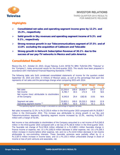 Miniature Televisa Rapport trimestriel 2015-q3