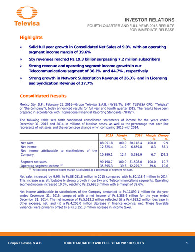 Miniature Televisa Rapport trimestriel 2015-q4