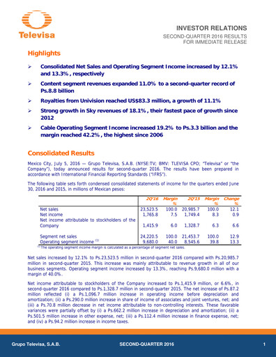 Miniature Televisa Rapport trimestriel 2016-q2