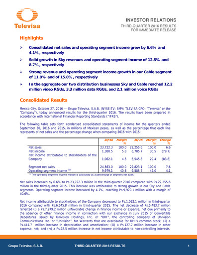 Miniature Televisa Rapport trimestriel 2016-q3
