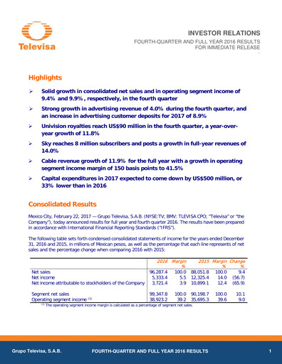 Miniature Televisa Rapport trimestriel 2016-q4