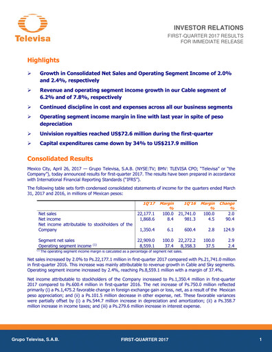Miniature Televisa Rapport trimestriel 2017-q1