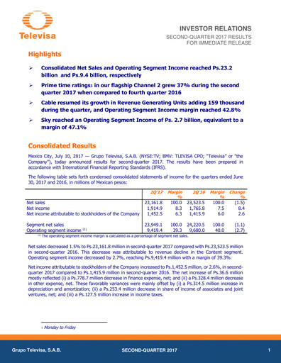 Miniature Televisa Rapport trimestriel 2017-q2