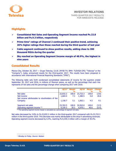Miniature Televisa Rapport trimestriel 2017-q3
