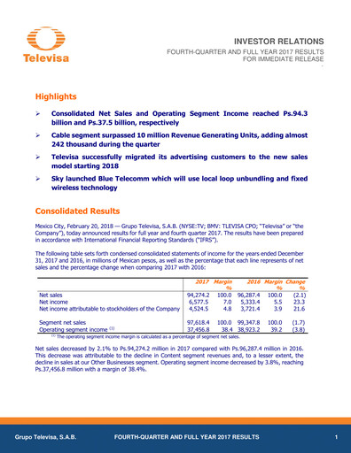 Miniature Televisa Rapport trimestriel 2017-q4
