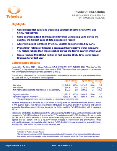 Miniature Televisa Rapport trimestriel 2018-q1
