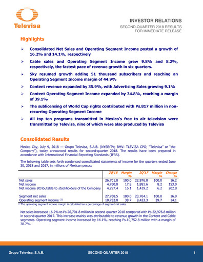 Miniature Televisa Rapport trimestriel 2018-q2