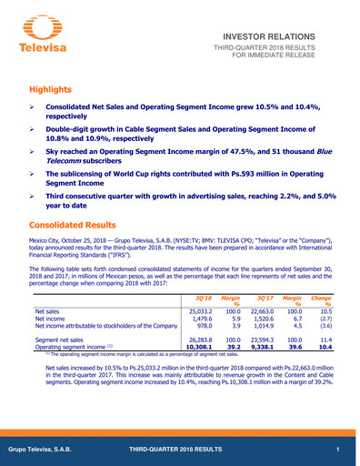 Miniature Televisa Rapport trimestriel 2018-q3