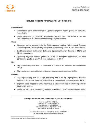 Miniature Televisa Rapport trimestriel 2019-q1