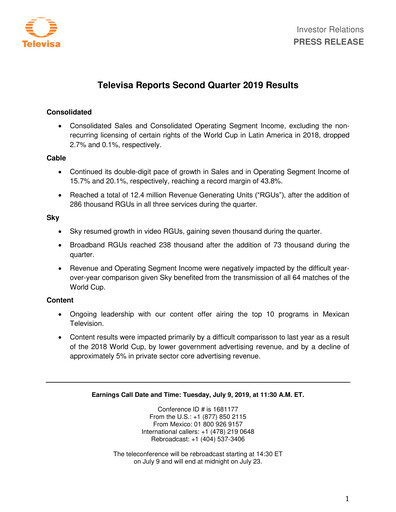 Miniature Televisa Rapport trimestriel 2019-q2