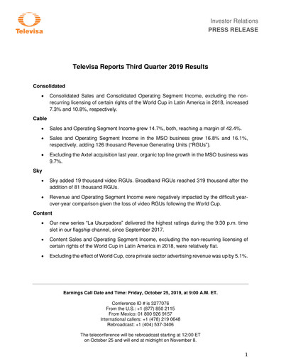 Miniature Televisa Rapport trimestriel 2019-q3