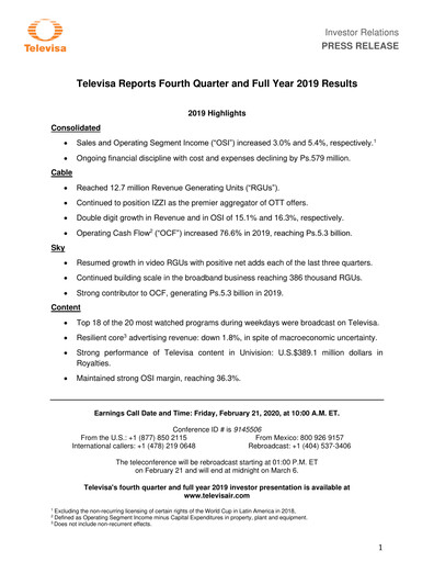 Miniature Televisa Rapport trimestriel 2019-q4