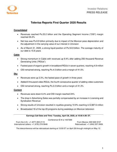 Miniature Televisa Rapport trimestriel 2020-q1