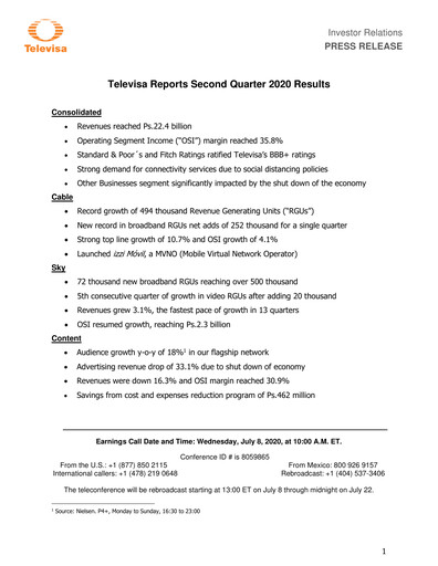Miniature Televisa Rapport trimestriel 2020-q2