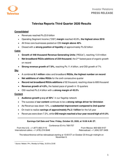 Miniature Televisa Rapport trimestriel 2020-q3