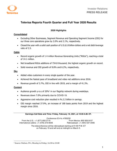 Miniature Televisa Rapport trimestriel 2020-q4