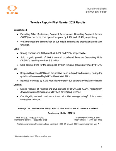 Miniature Televisa Rapport trimestriel 2021-q1