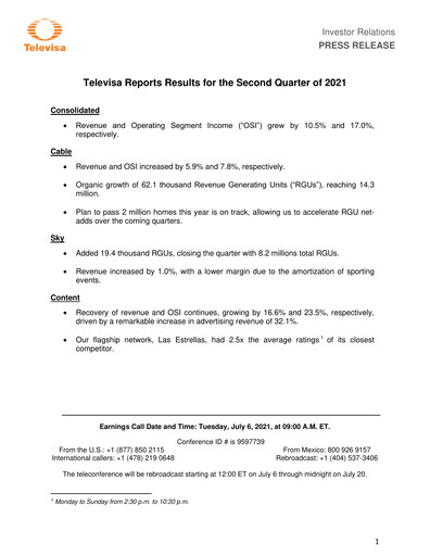 Miniature Televisa Rapport trimestriel 2021-q2